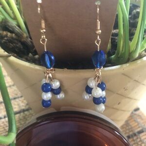 Handmade Blue & White Beaded Dangle Earrings - Gold Tone